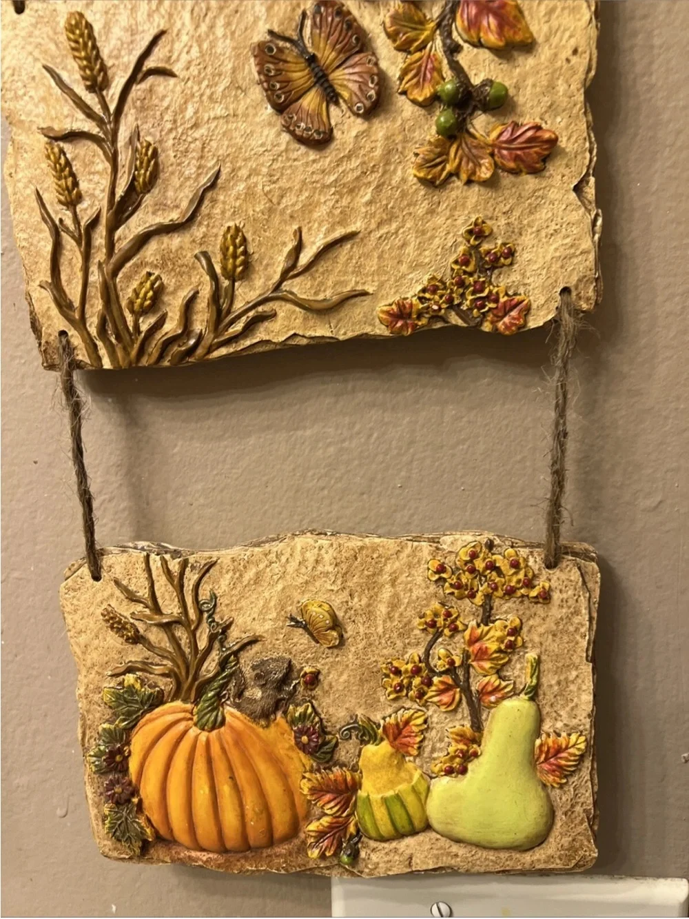 Fall Harvest Wall Hanging Vintage Pumpkins Mouse Butterfly Bird Charming 22